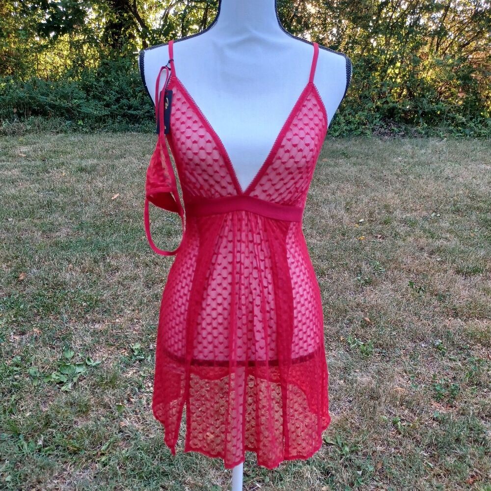 Mapale Womens Size M/L Red Mini Hearts Babydoll Chemise & Thong Set Lingerie NWT